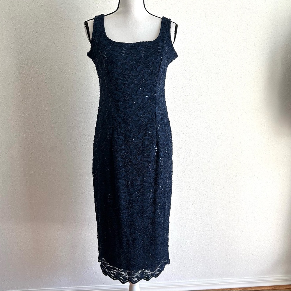 Alex Evenings Cocktail Dress Size 10 Blue Sequins Lace Formal Party Sleeveless